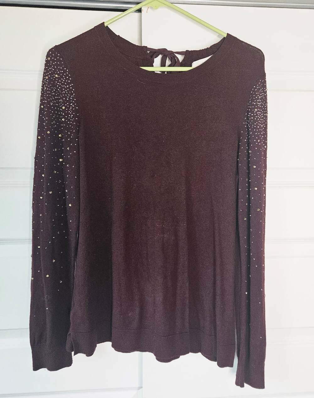 LOFT Rhinestone Embellished Sweater Burgundy Wool Blend Tie Back Womens L Flawed